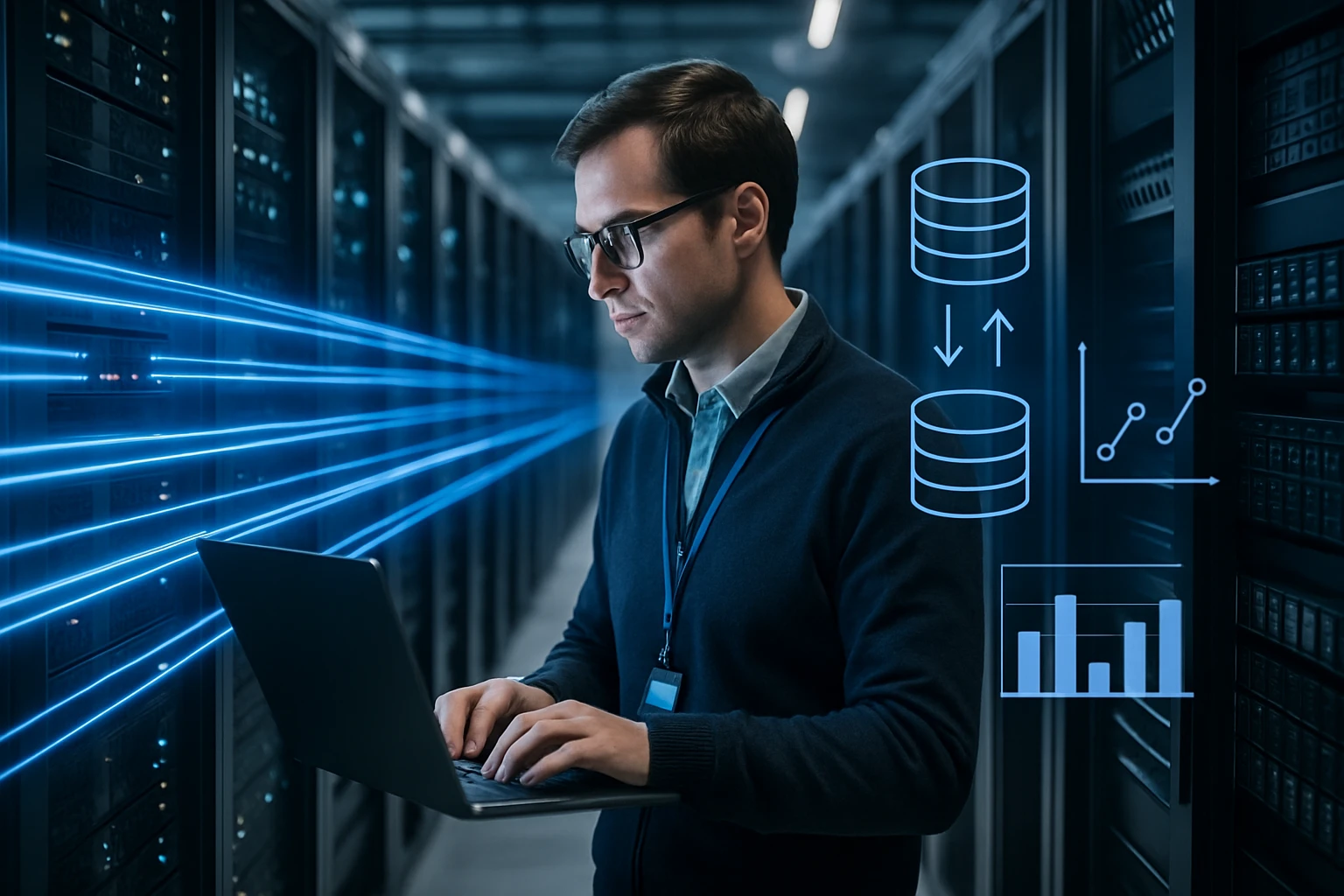 A man working on a laptop in a data center, surrounded by servers and data graphics.
