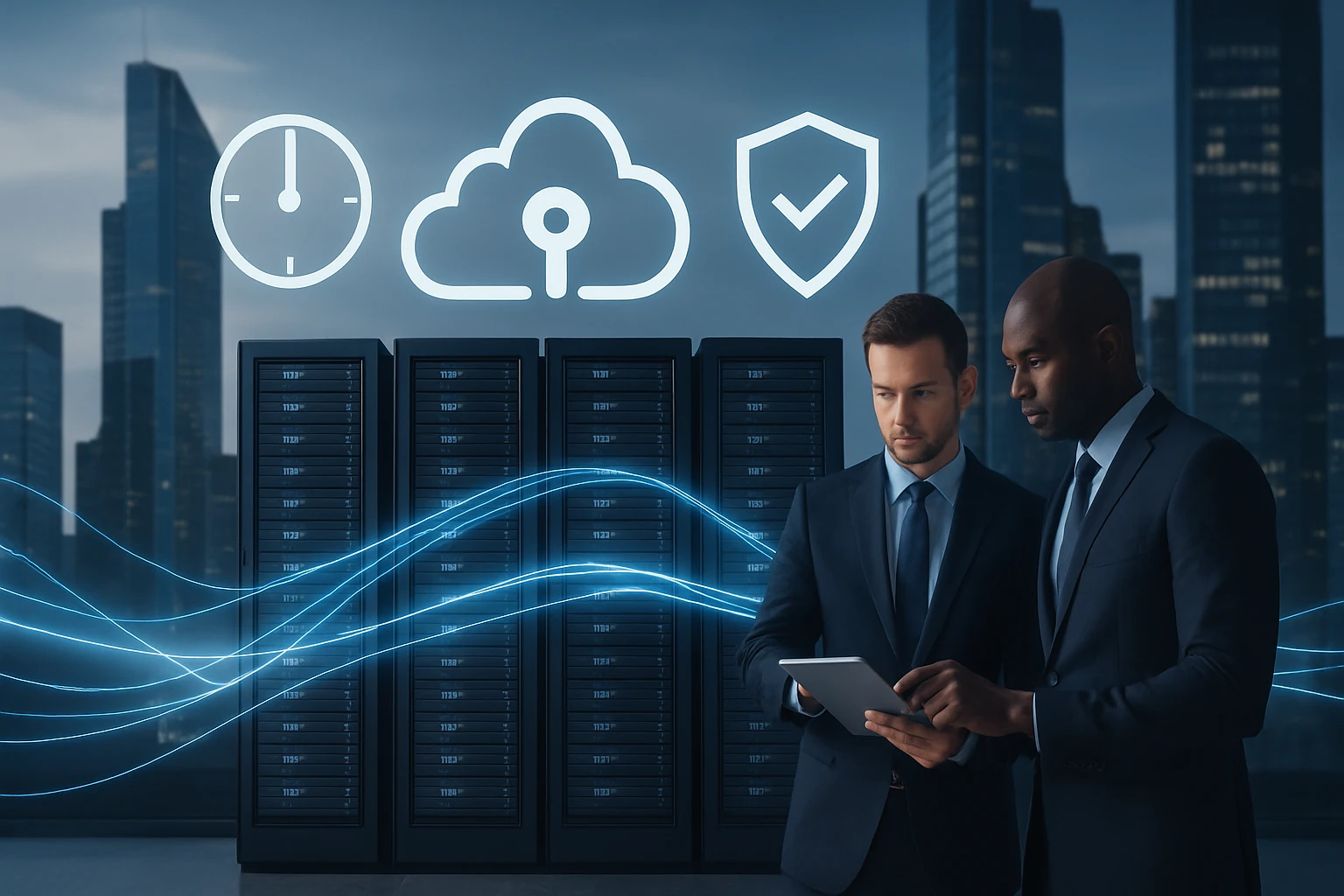 Two business professionals analyzing data on a tablet in front of server racks.