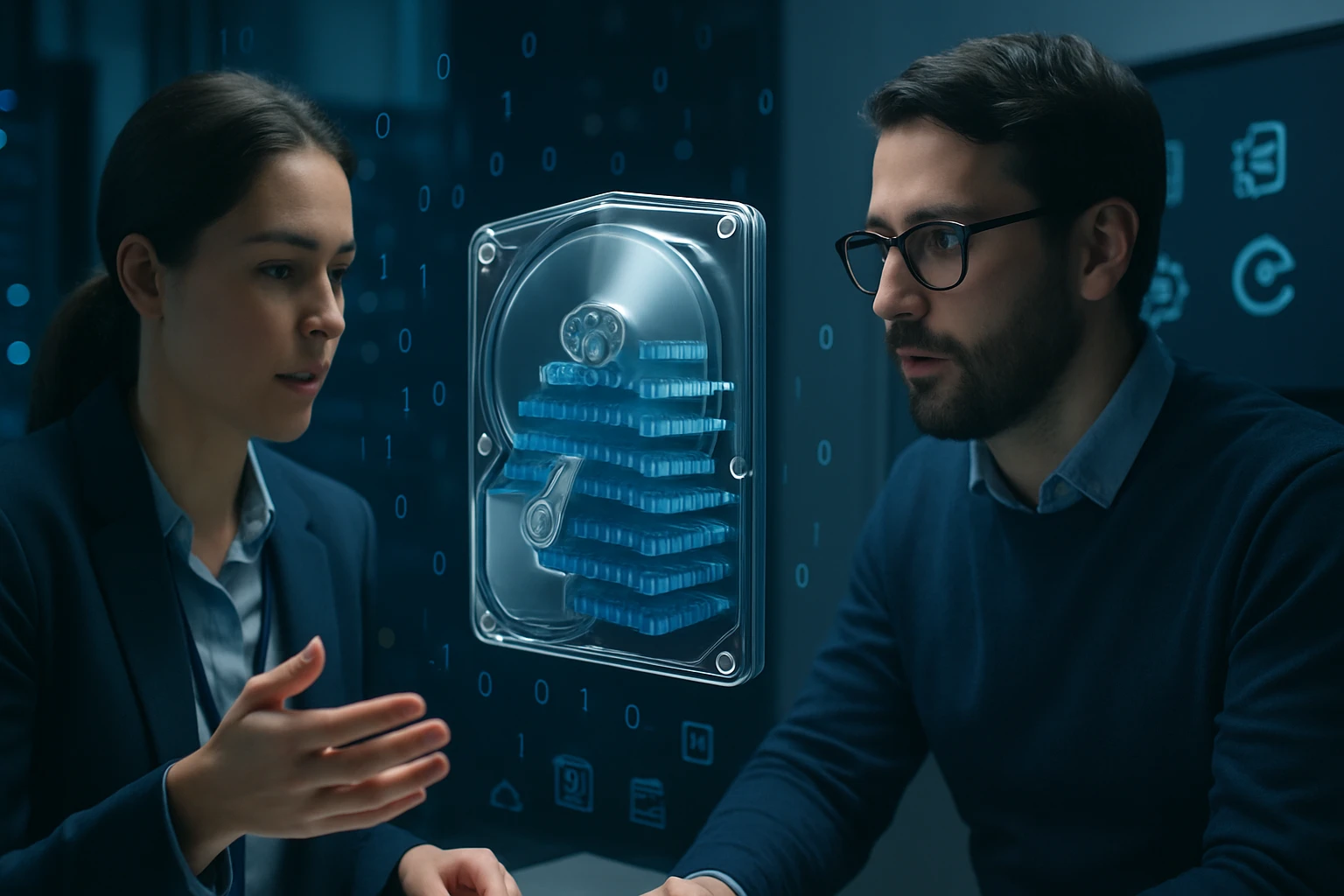 A woman and a man discussing data security with a digital hard drive display.