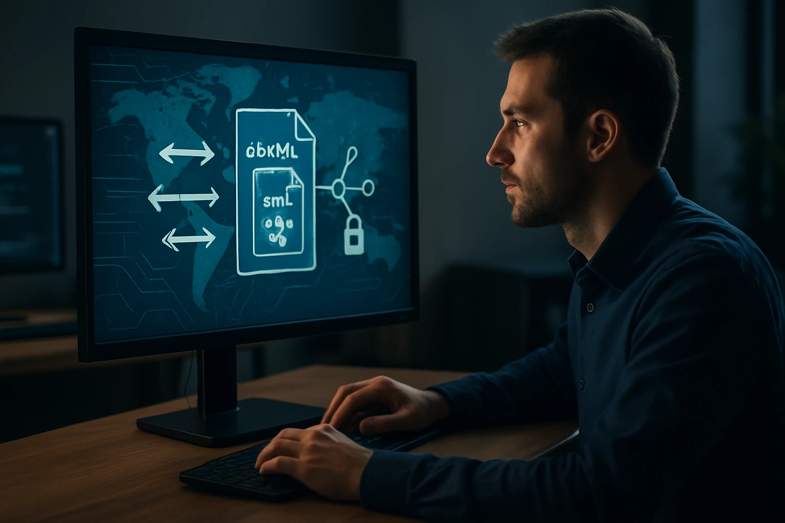 A man focused on a computer screen displaying data transfer and security graphics.