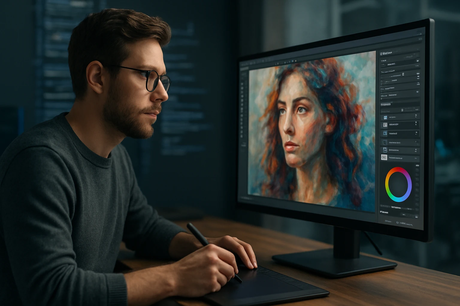 A man using a digital tablet to create a portrait on a computer screen.