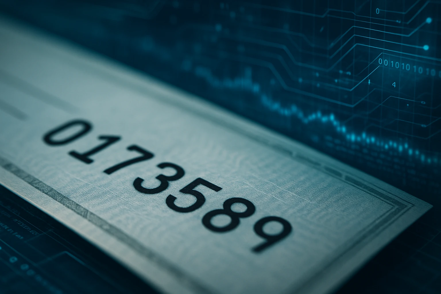 A close-up of a numbered banknote with a digital background.