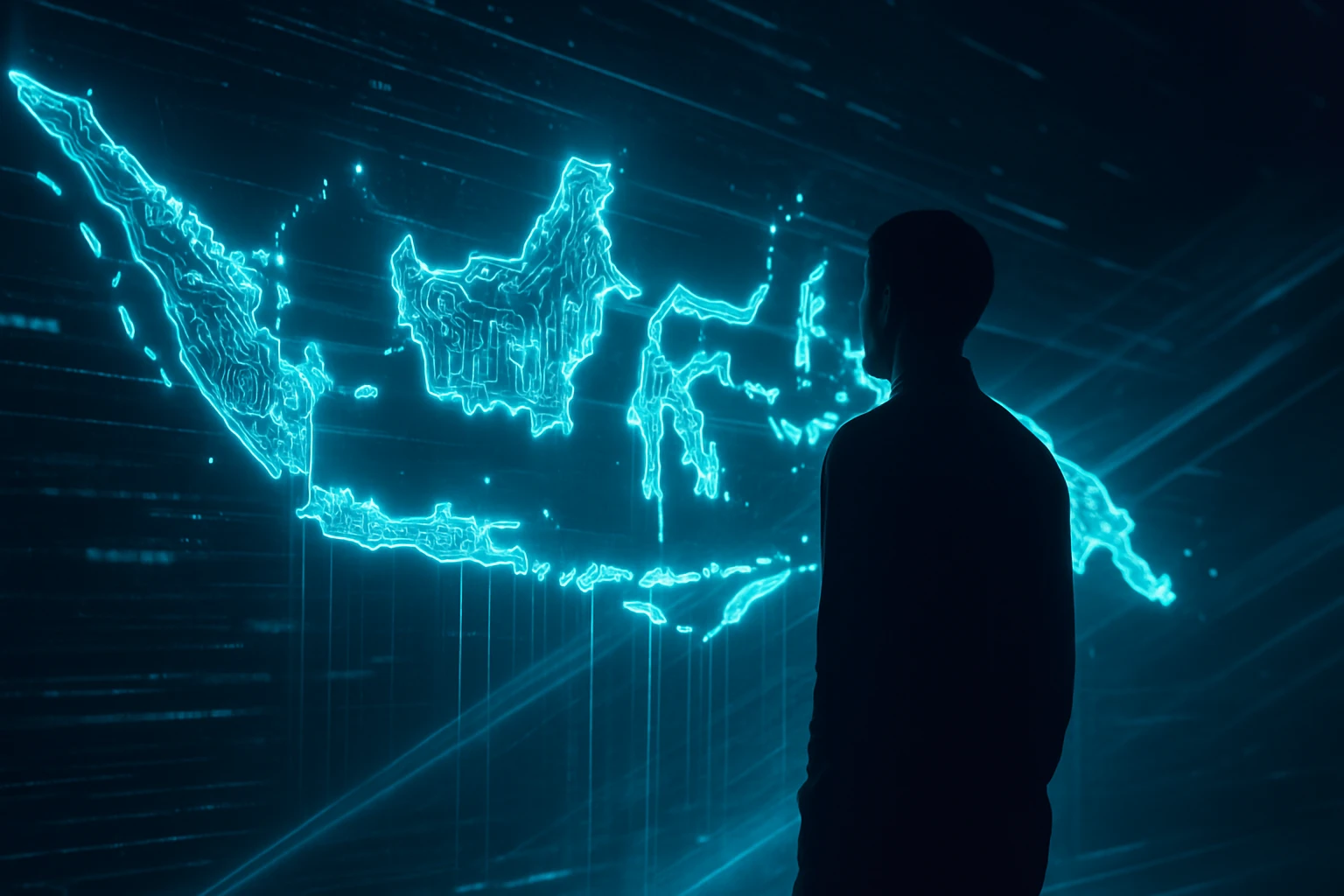 A person gazes at a glowing digital map of Indonesia, showcasing advanced technology.