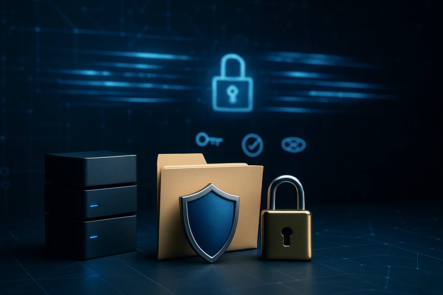 A digital security concept featuring a locked folder, shield, and servers.