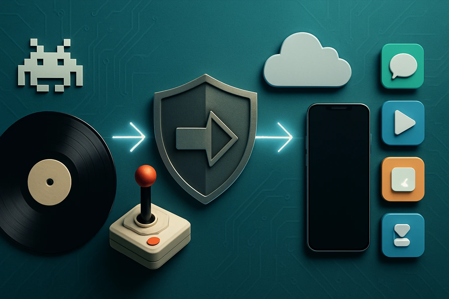 A retro joystick, vinyl record, and smartphone surrounded by tech icons and a shield symbolizing digital security.