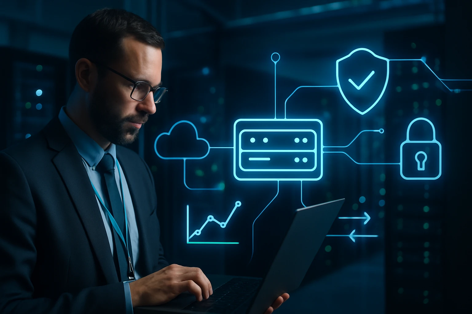 A man in a suit working on a laptop with digital security icons in a server room.