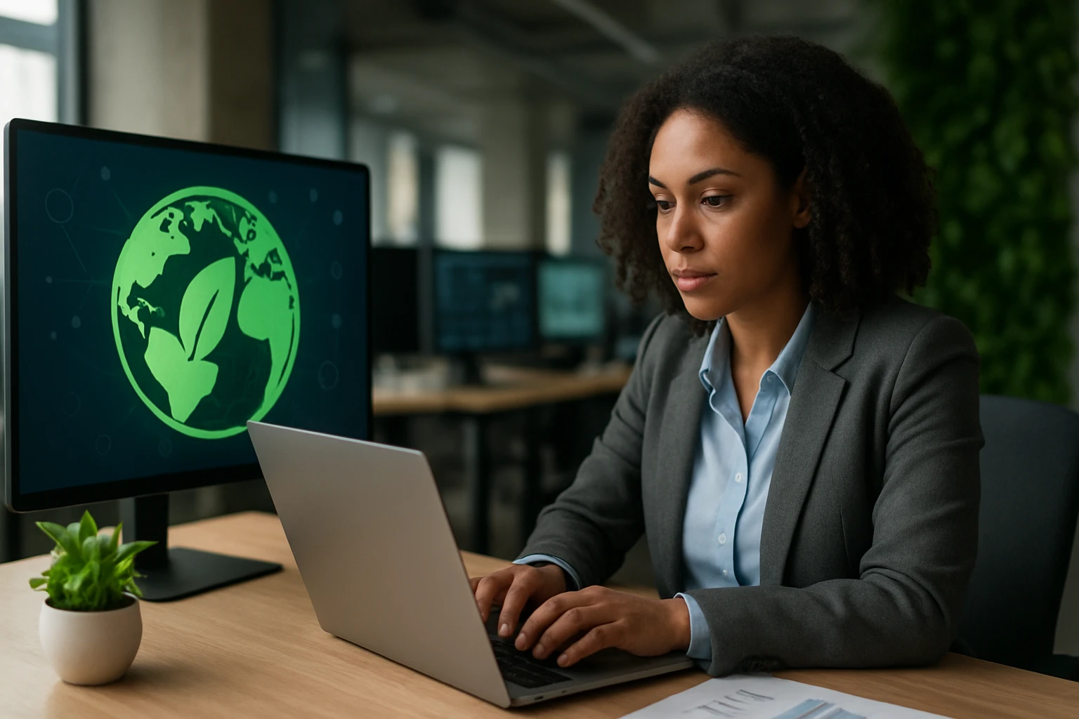 A woman in a suit working on a laptop with a green earth graphic on the screen.