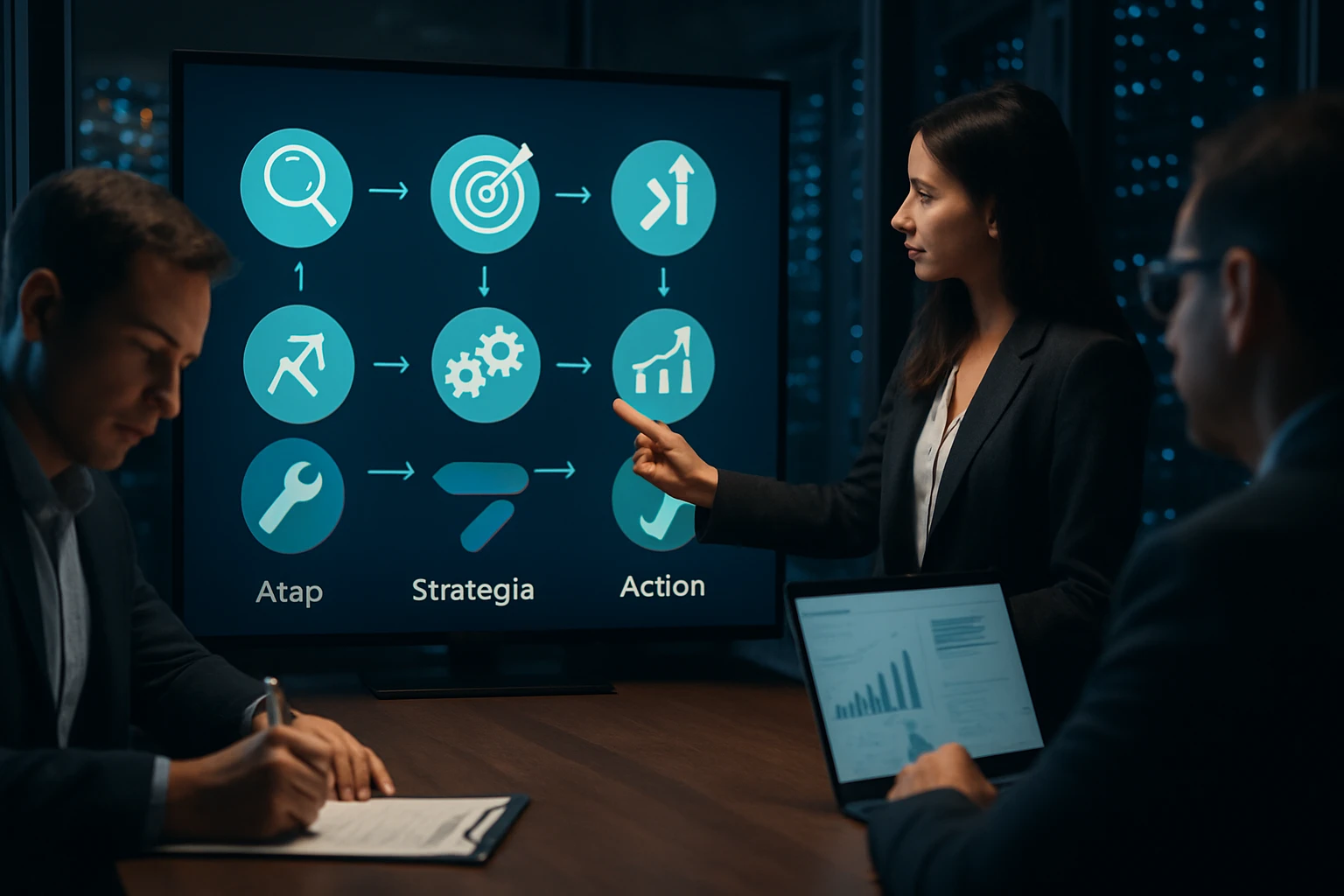 A businesswoman presents a strategic plan on a screen during a meeting.