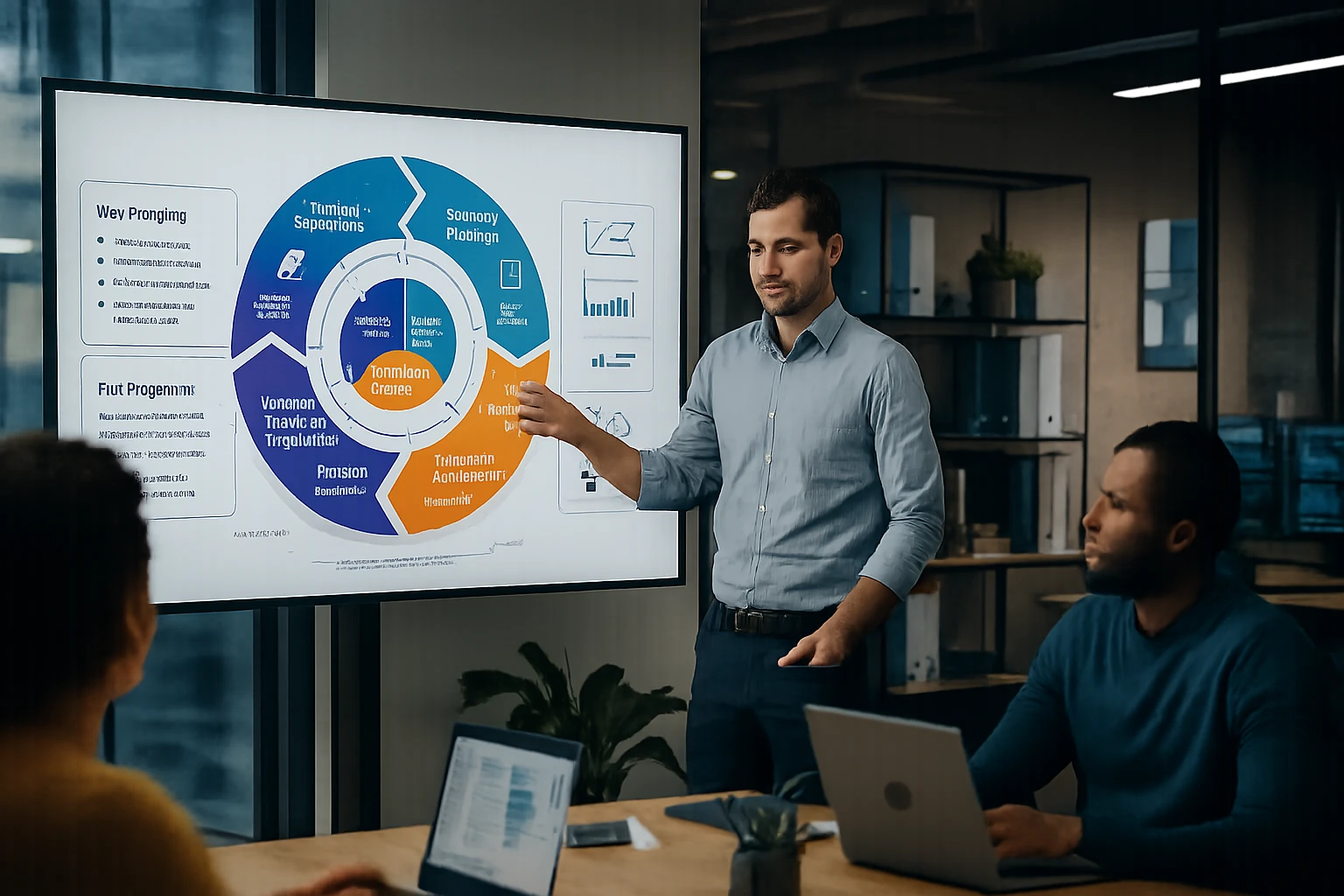 A presenter explains a business strategy using a digital display in a modern office.