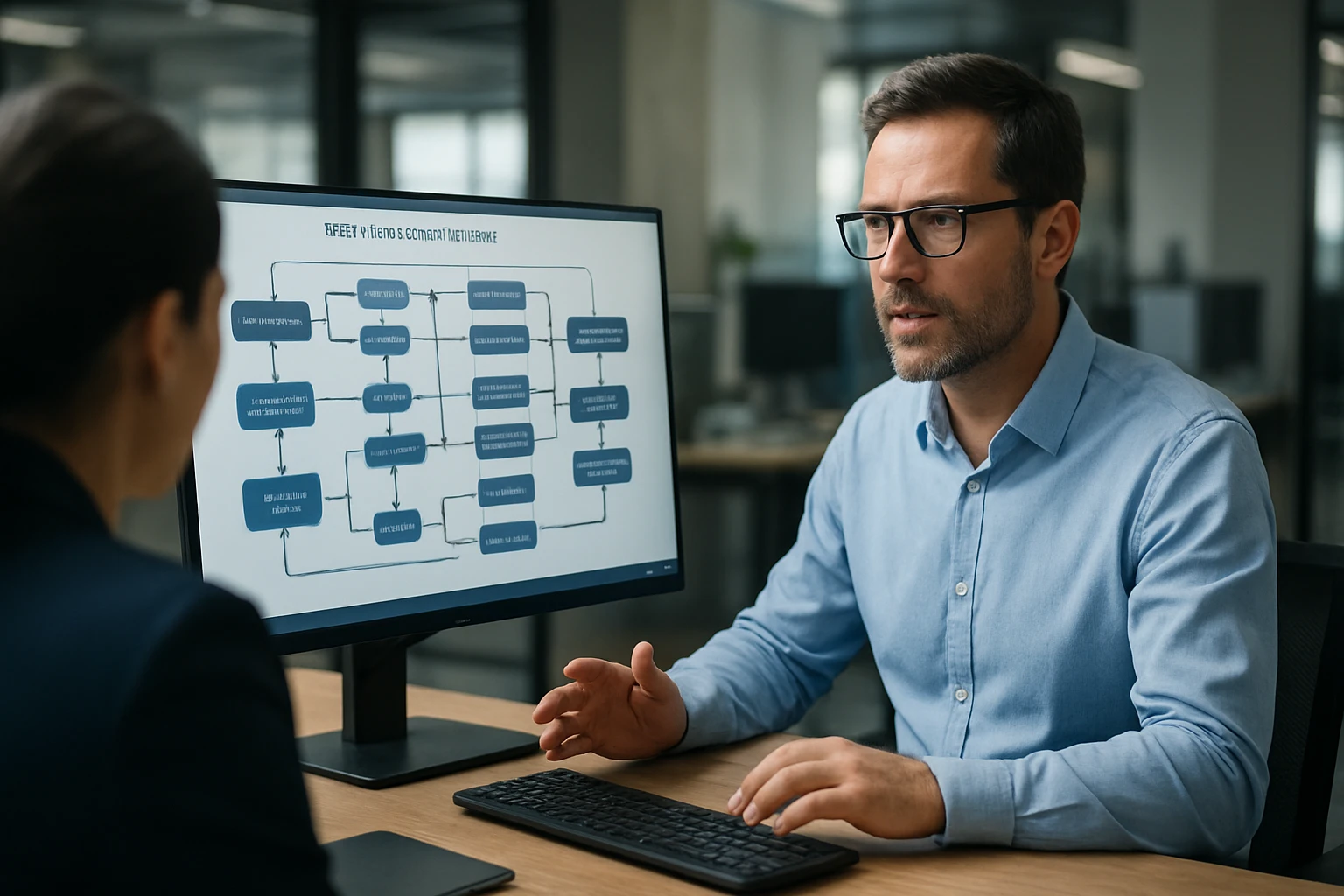 A man in a blue shirt explains a flowchart on a computer screen during a meeting.