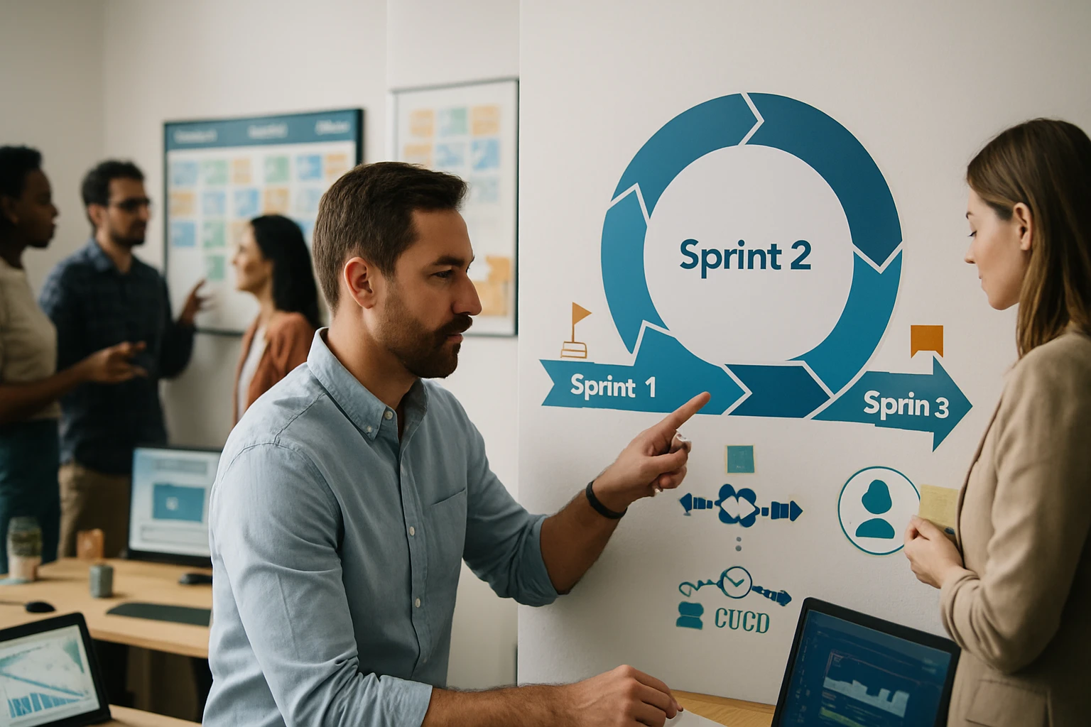 A team discusses project sprints in a modern office setting.