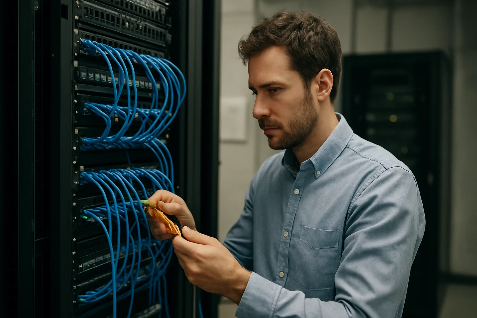 A technician organizes blue network cables in a server room.
