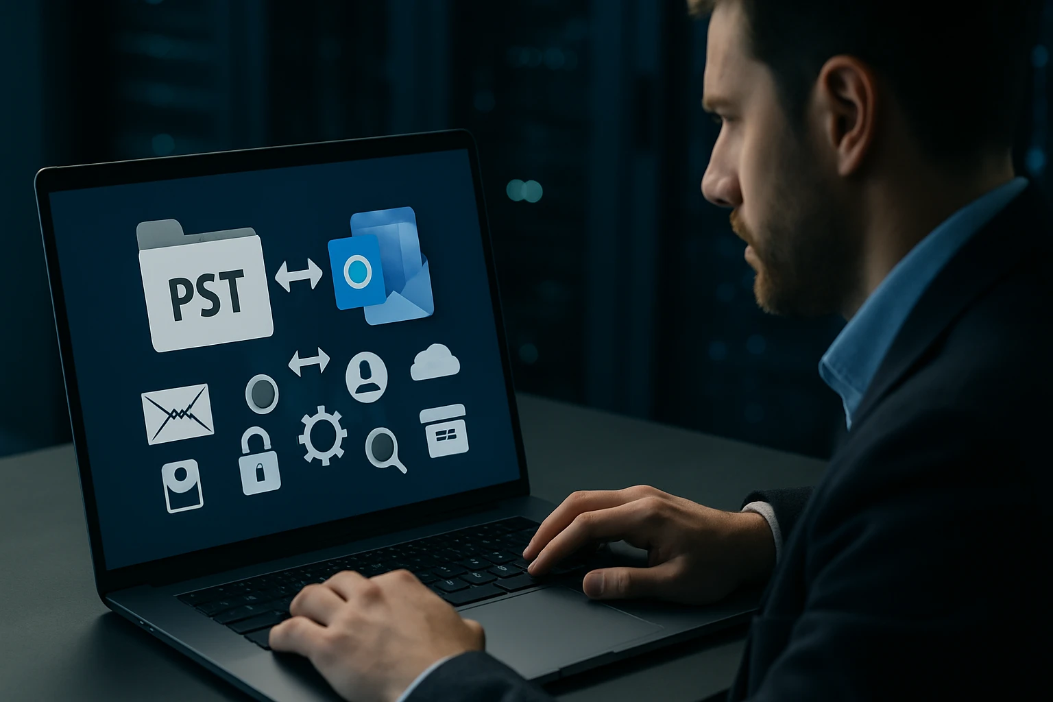 A man working on a laptop displaying PST file management icons.