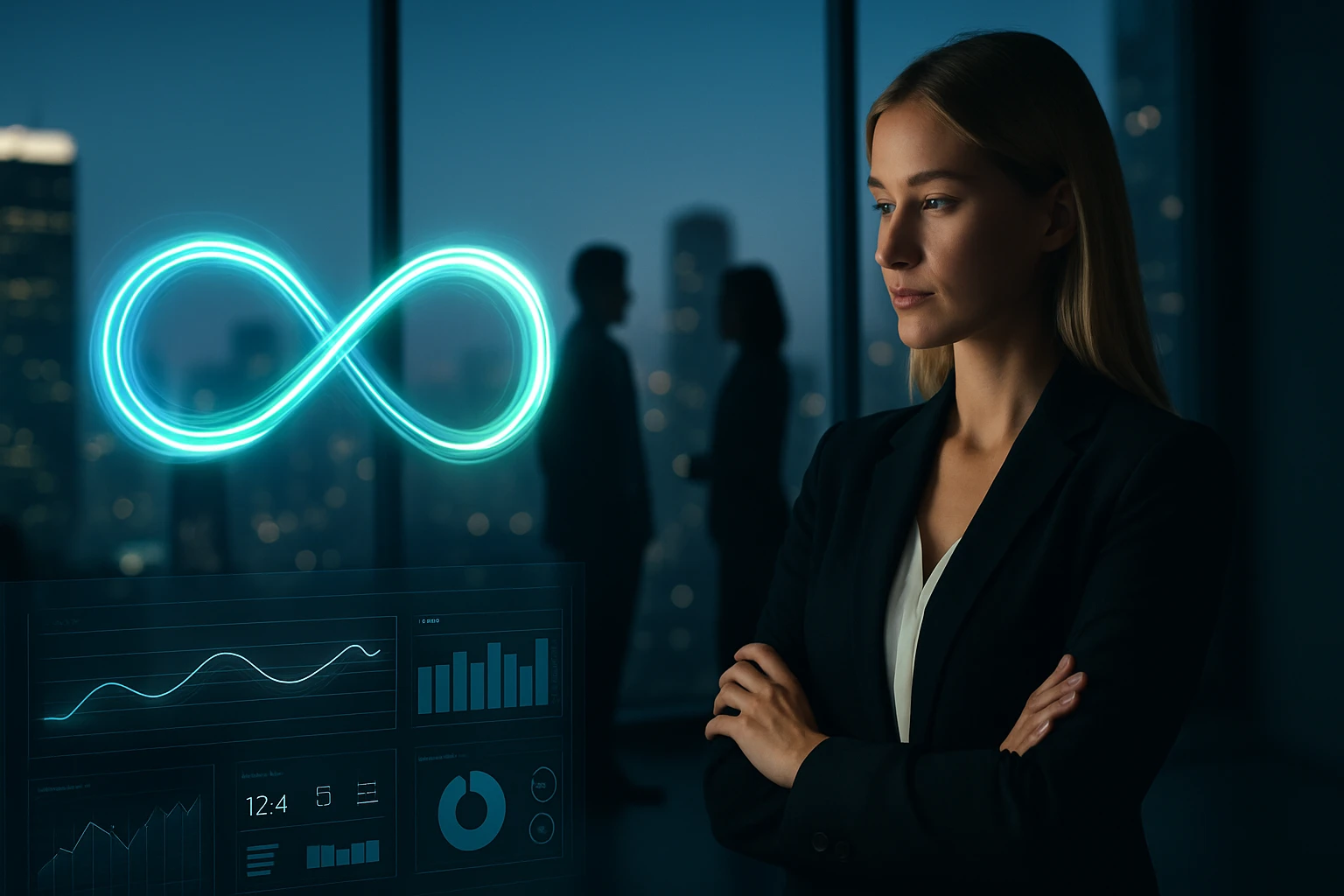 A businesswoman stands thoughtfully in front of a digital display with graphs and an infinity symbol.