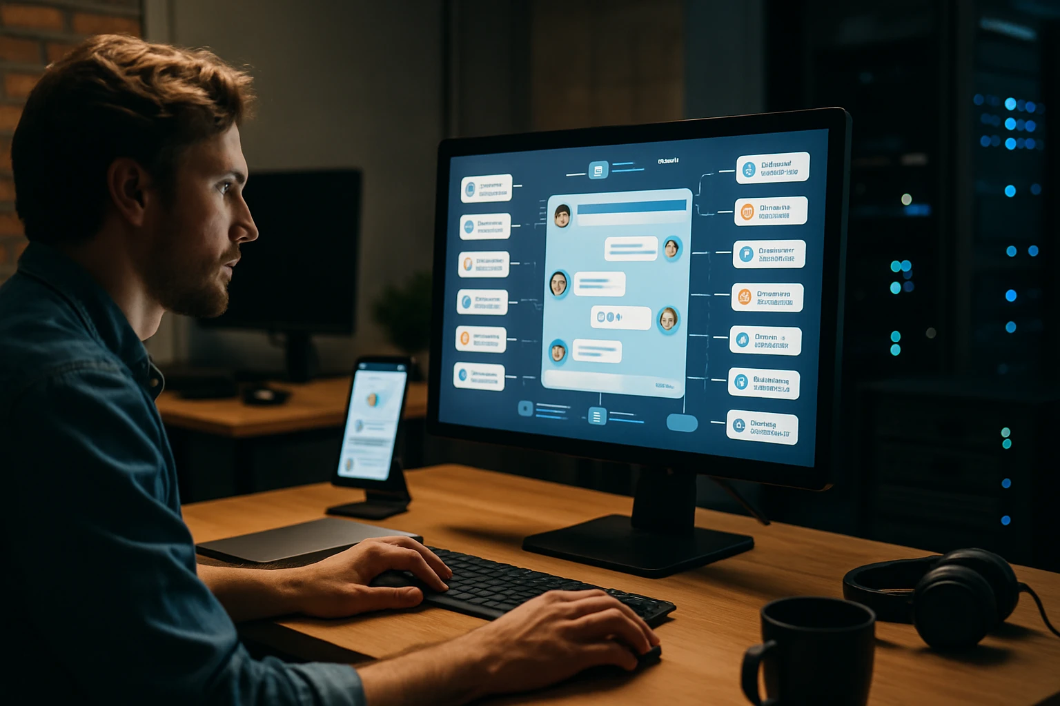 A man interacts with a chatbot interface on a computer screen in a tech workspace.