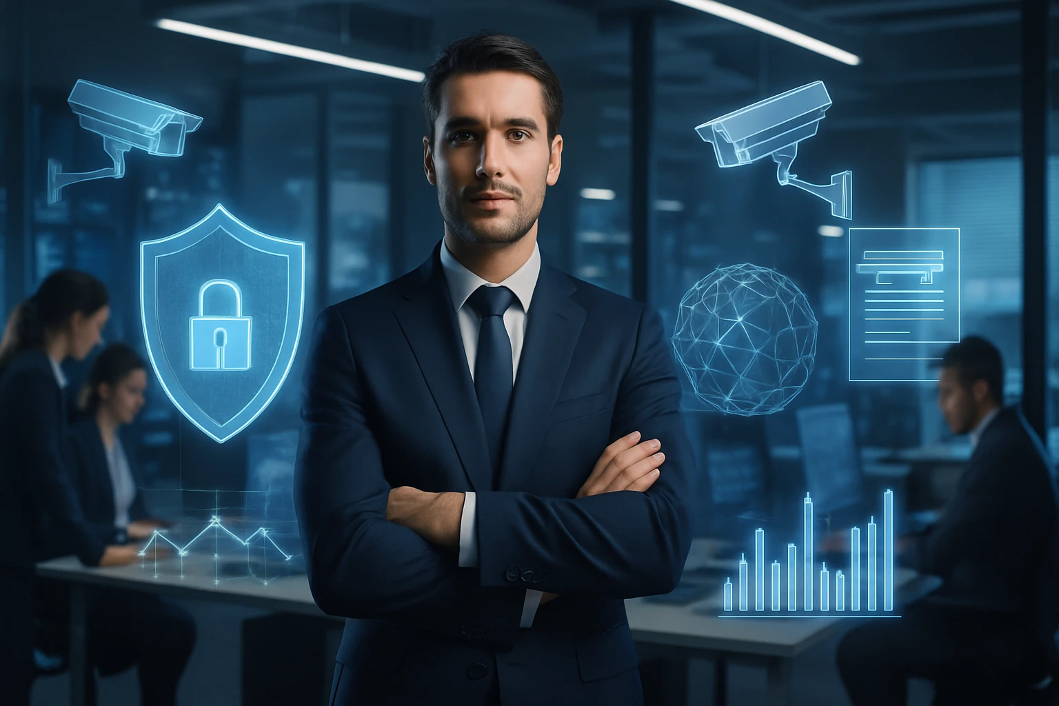 A confident professional man stands in an office with security graphics around him.