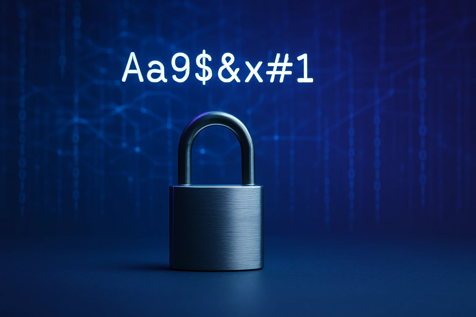 A metallic padlock on a dark surface with a blue digital background.