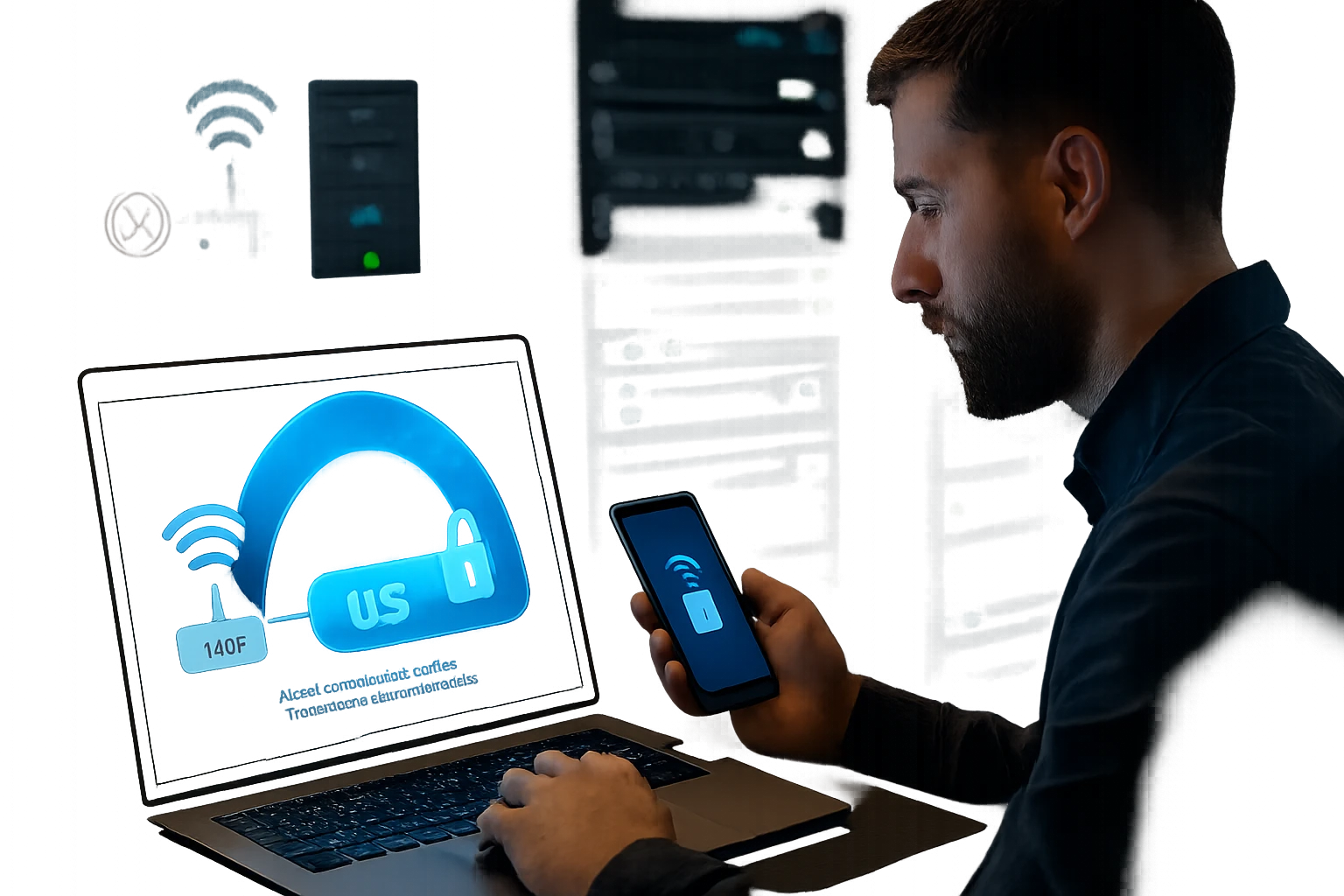A man using a laptop and smartphone, with digital security icons displayed.