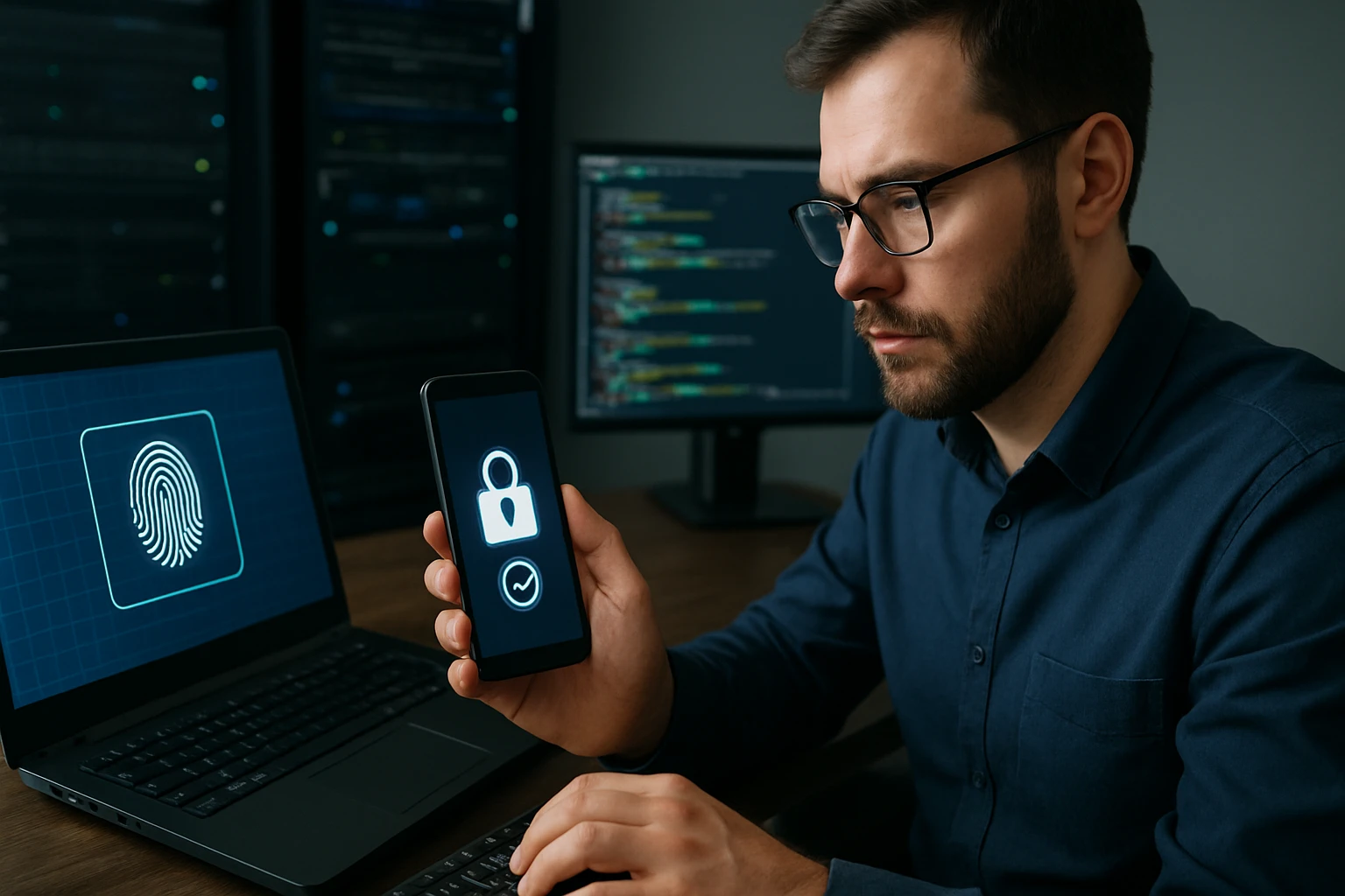 A man using a smartphone displaying a lock icon, with a laptop showing a fingerprint graphic.
