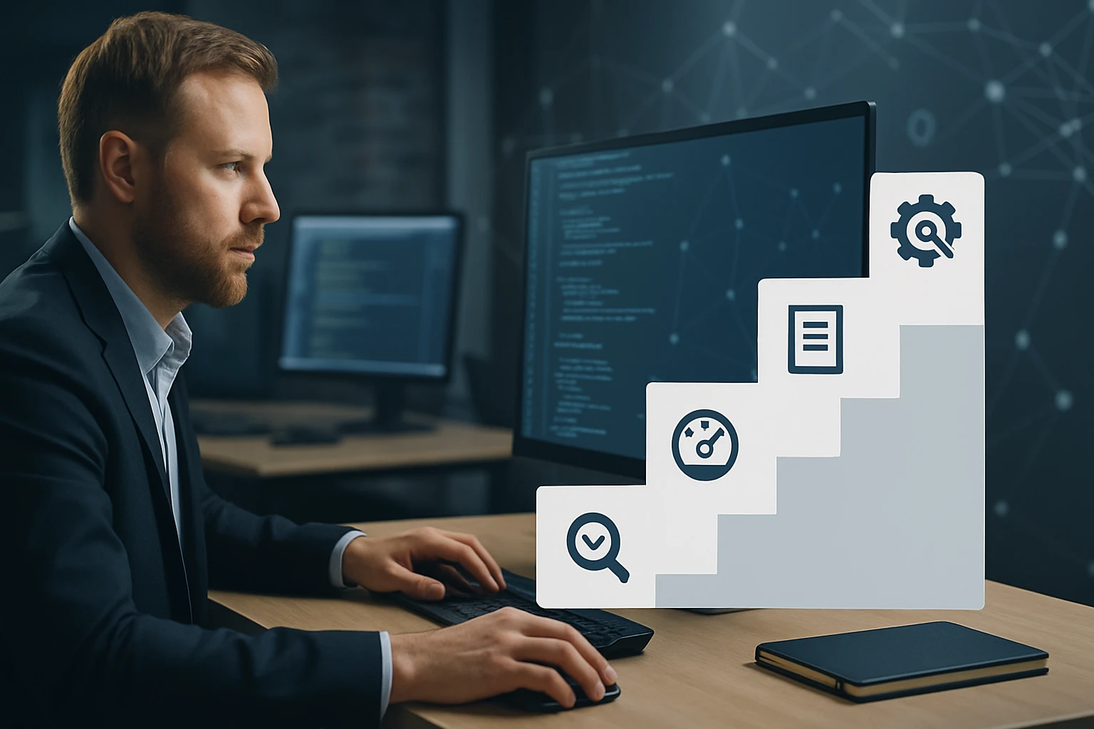 A focused man in a suit working on a computer with code on the screen.