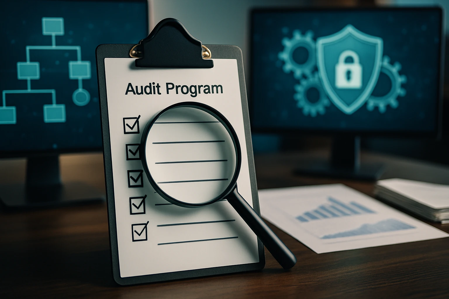 A clipboard with an 'Audit Program' checklist and a magnifying glass, set against computer screens displaying security graphics.