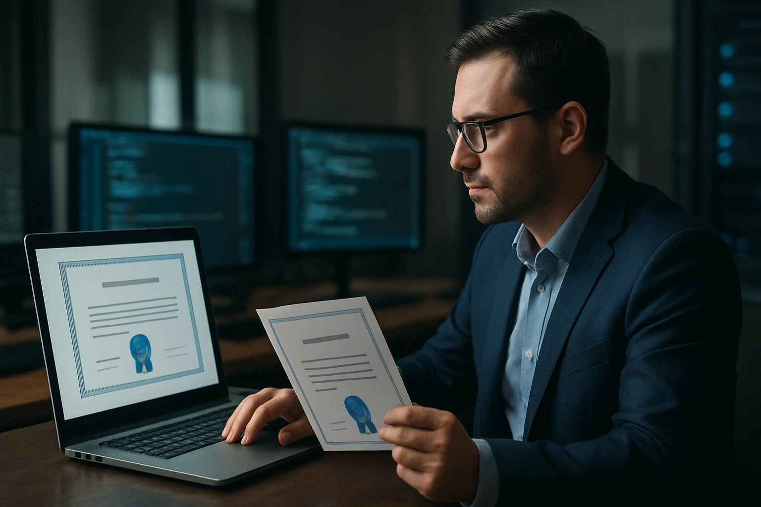 A man in a suit examines a certificate while working on a laptop.