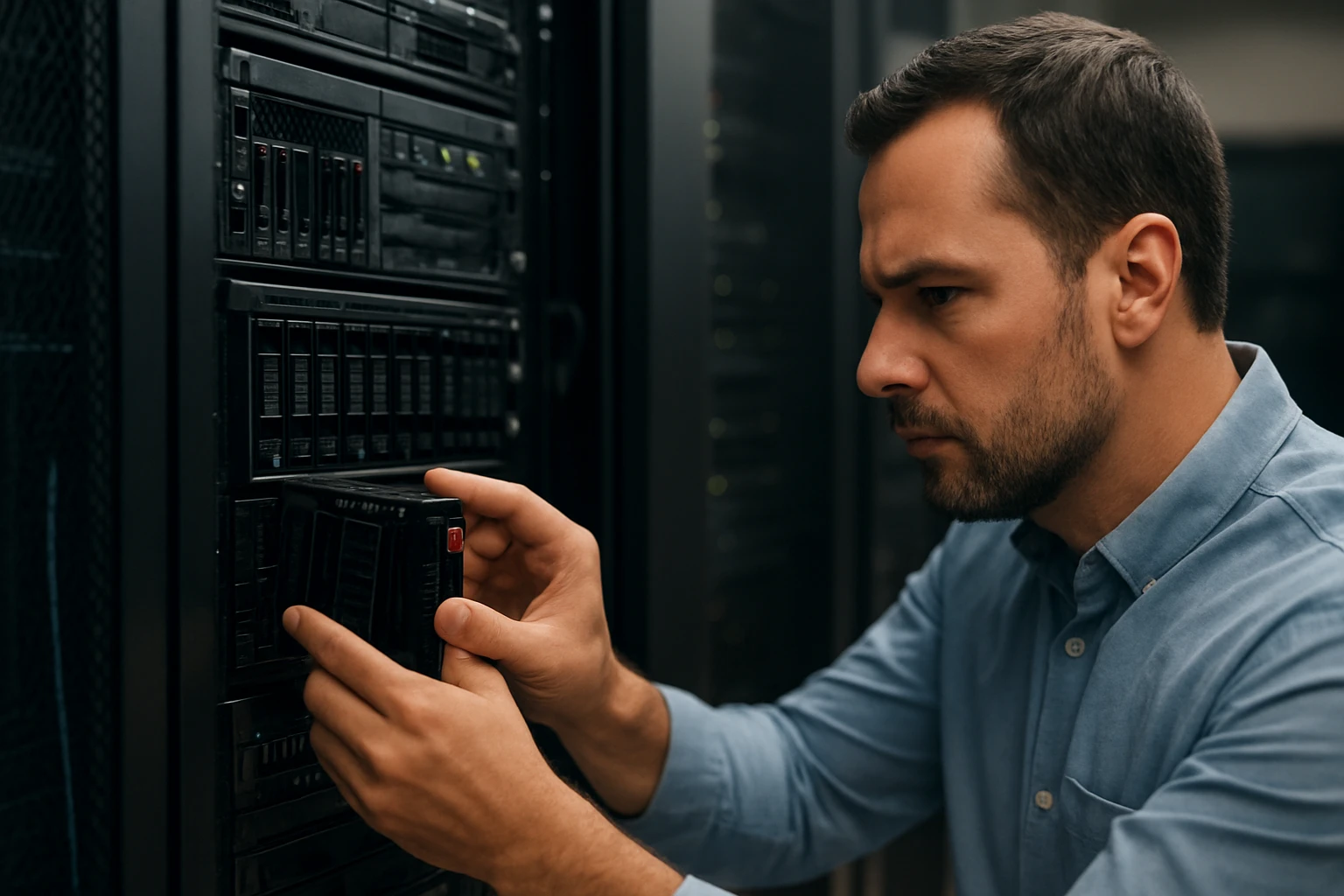 A technician carefully installs a component into a server rack, focused on the task.