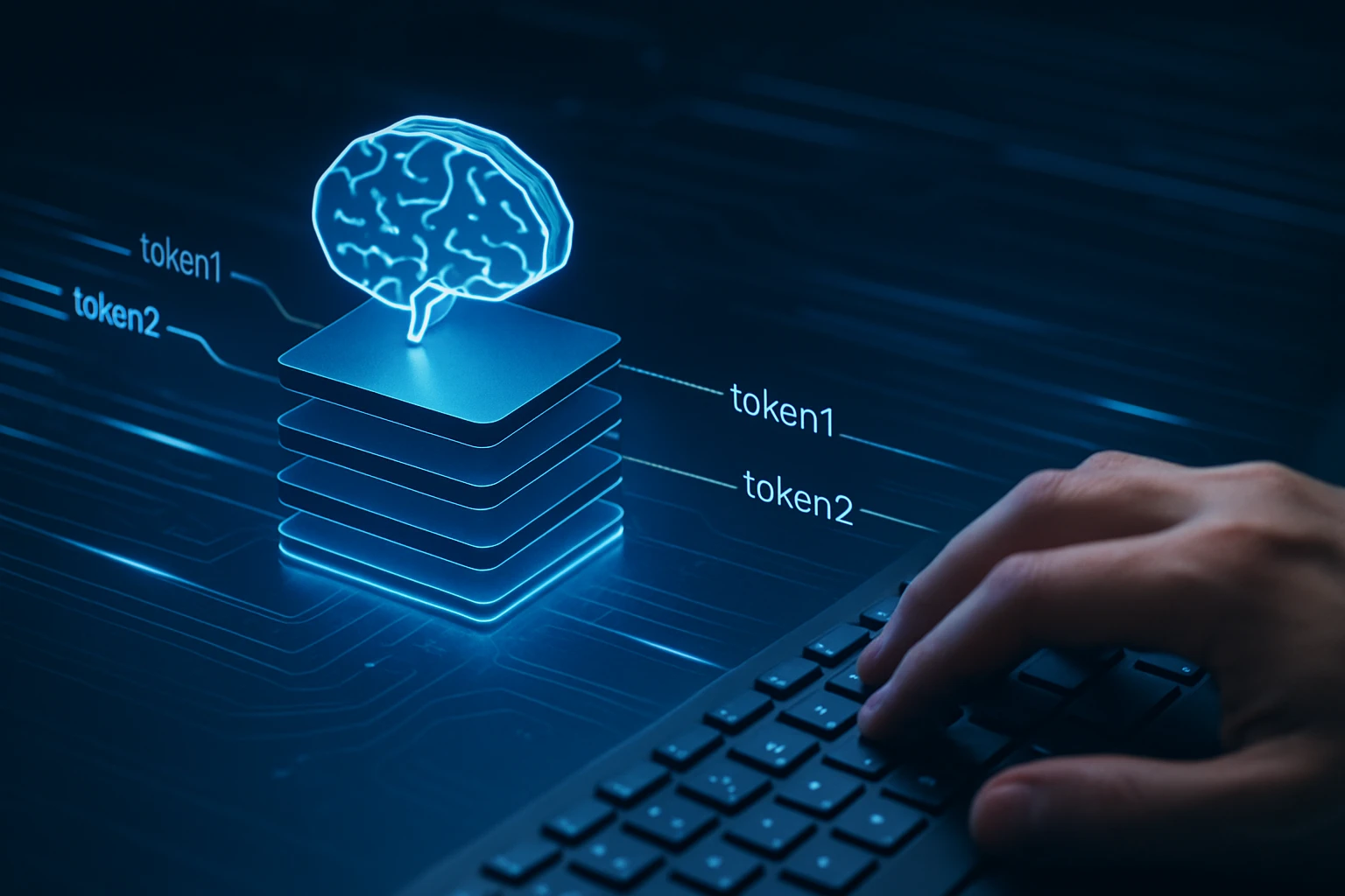 A hand typing on a keyboard with a digital brain and tokens displayed above.