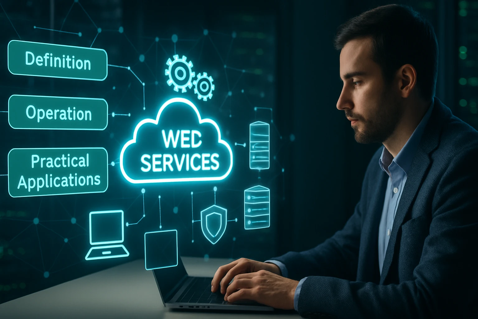 A man working on a laptop with digital cloud service icons around him.