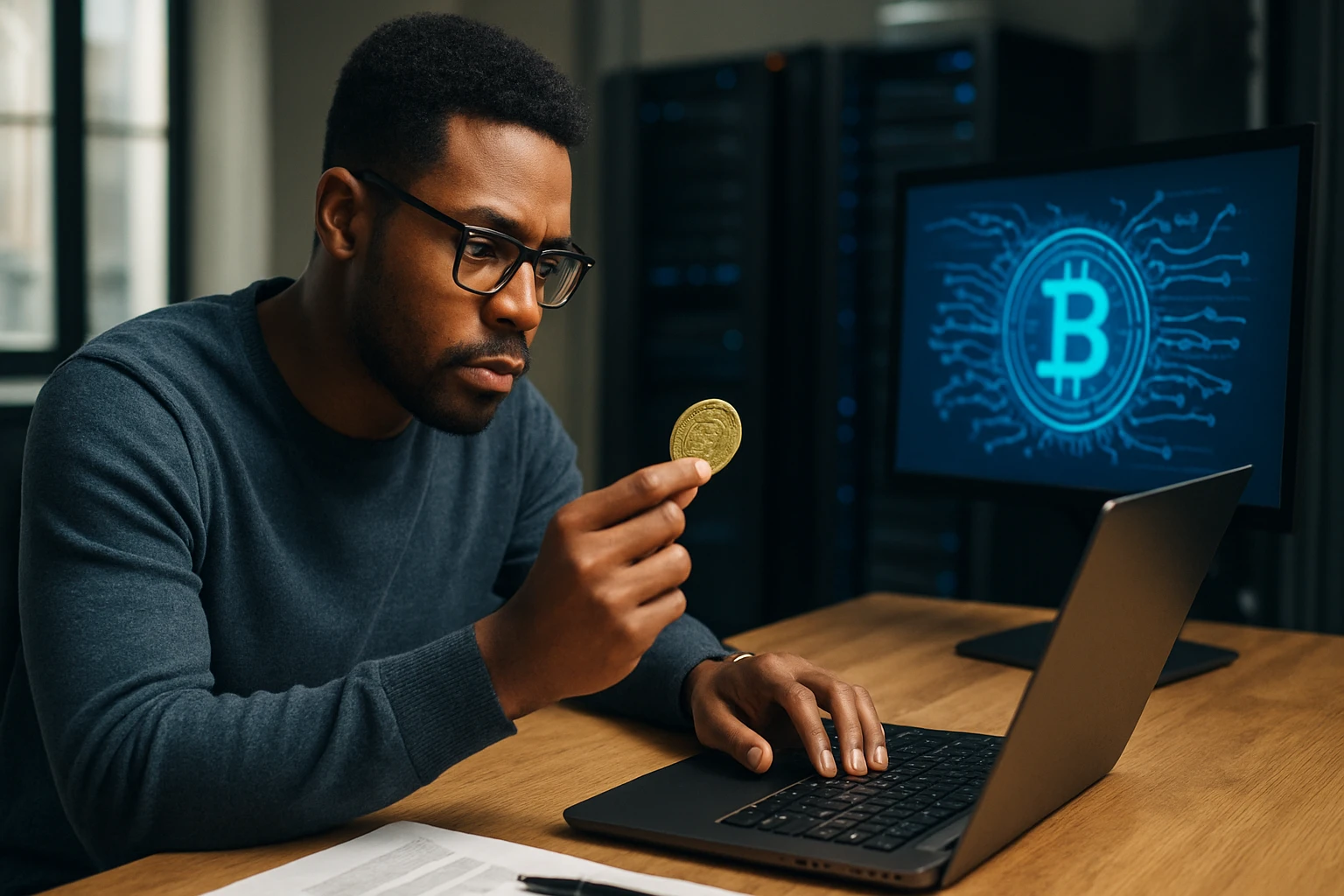 A man examines a gold coin while working on a laptop in a tech environment.