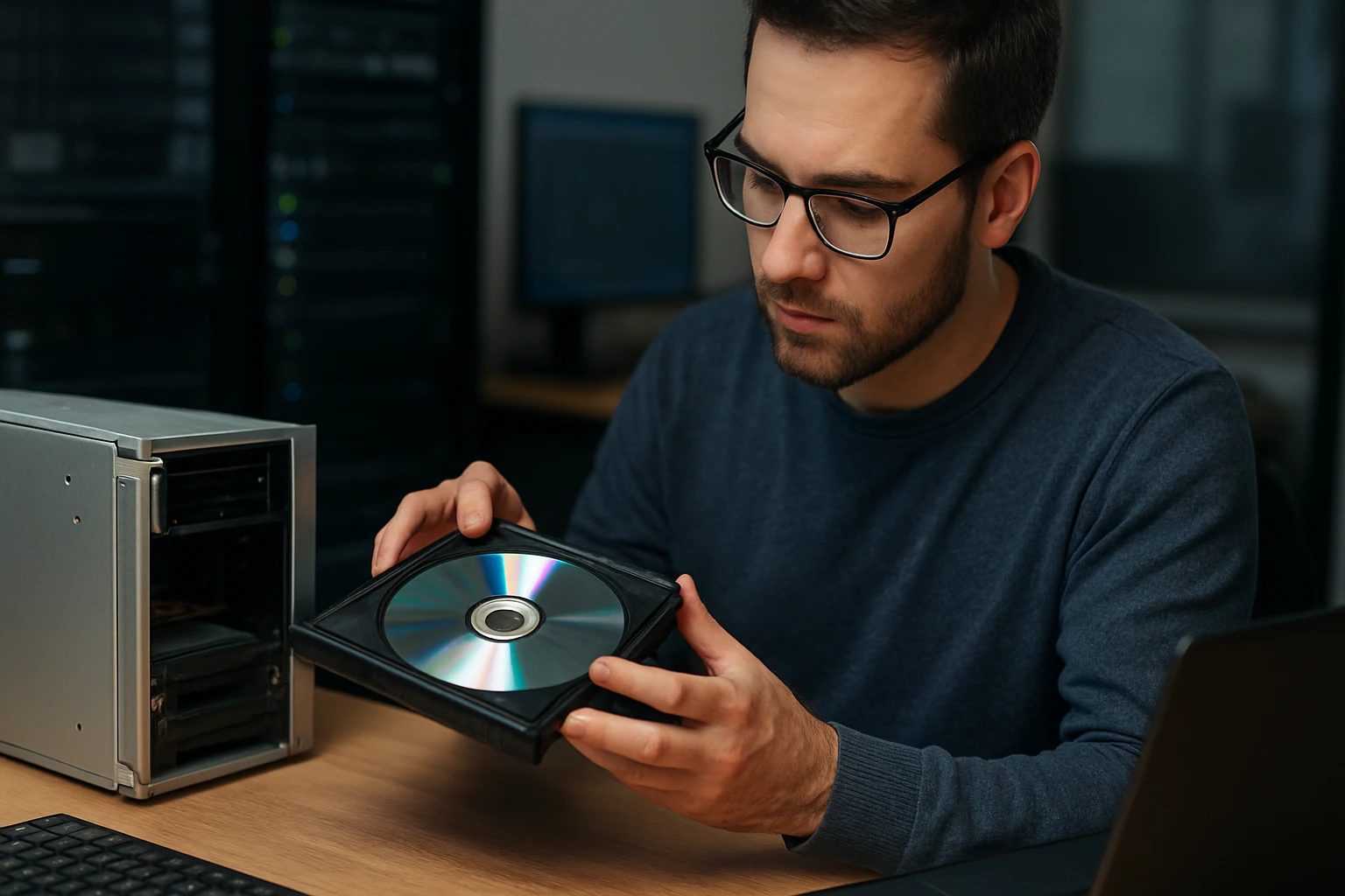 A man examines a CD while sitting at a desk with a computer.