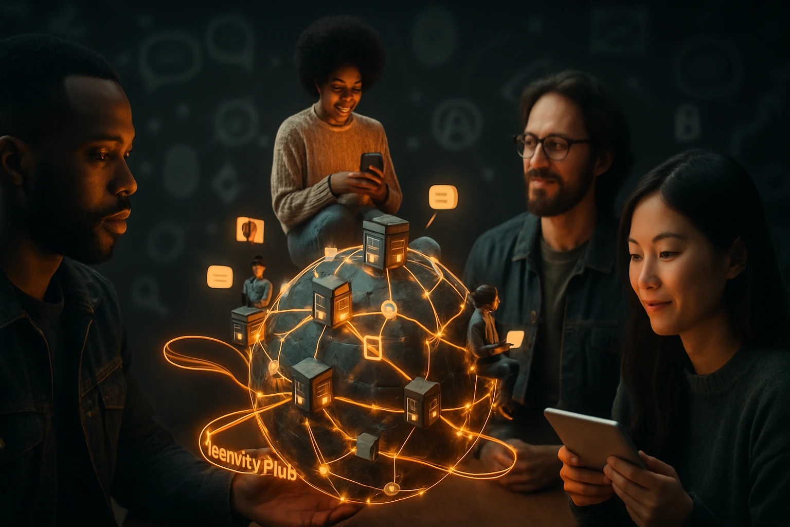 A diverse group of people interacting with a digital globe, symbolizing connectivity and technology.