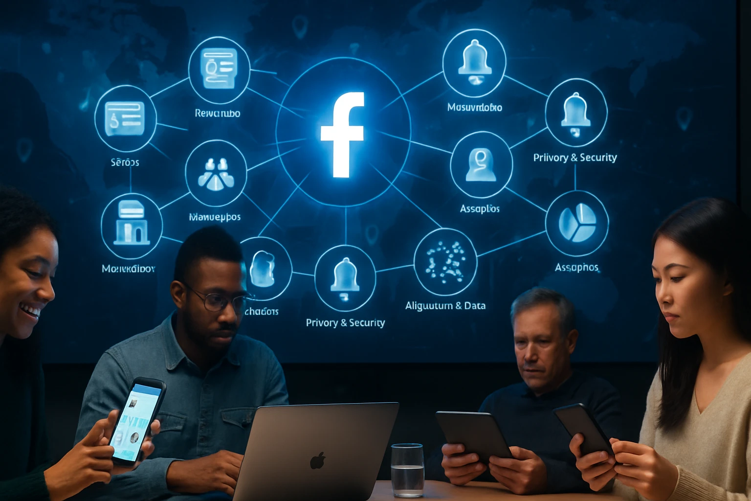 A diverse group of professionals analyzing data related to Facebook's privacy and security features.