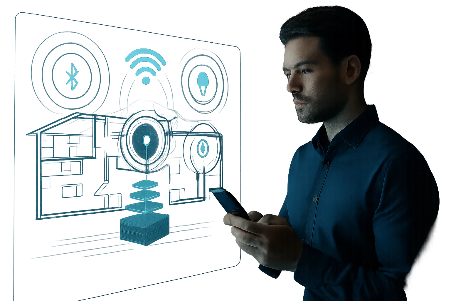 A man interacts with a smartphone, surrounded by digital icons representing smart home technology.