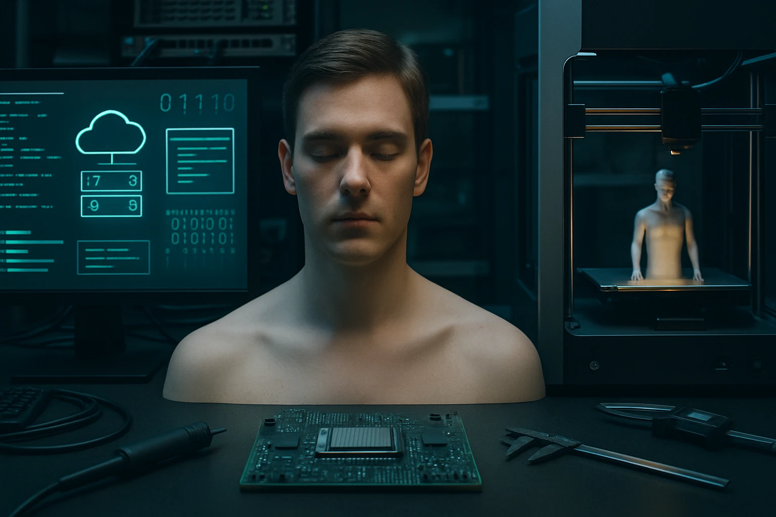 A man with a bare torso sits in front of a computer and a 3D printer, surrounded by tech components.