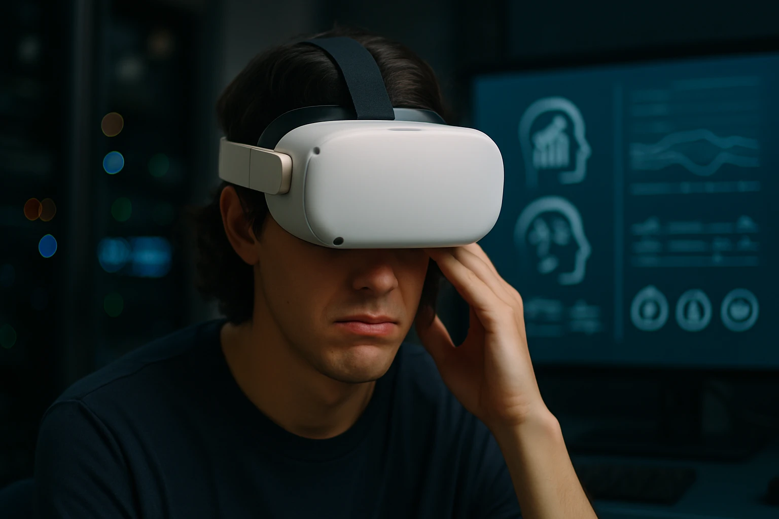 A young man wearing a VR headset looks focused while analyzing data on a screen.