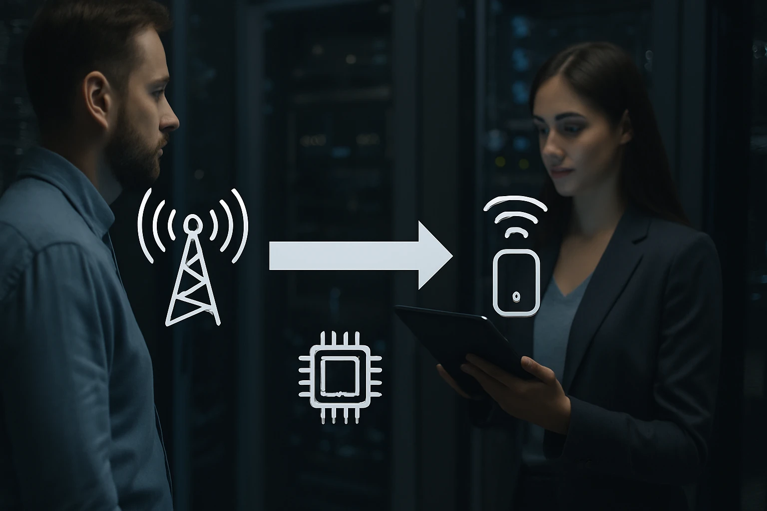 A man and a woman in a tech environment, discussing wireless communication and data transfer.