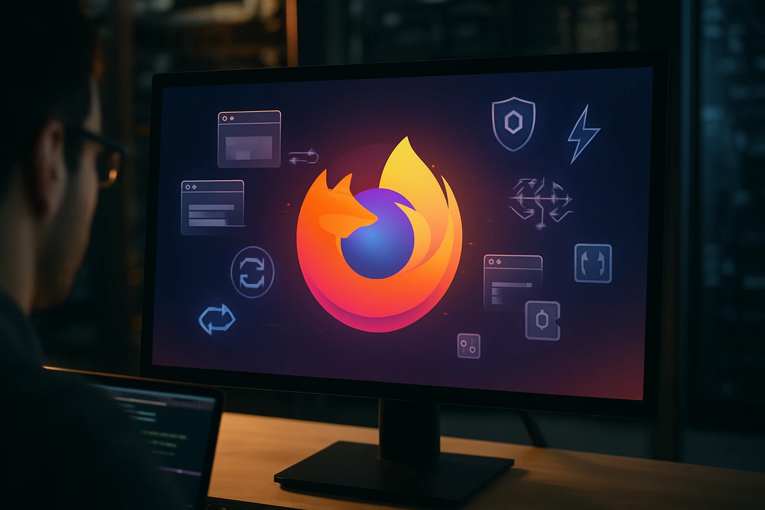 A person coding in front of a monitor displaying the Firefox logo and tech icons.
