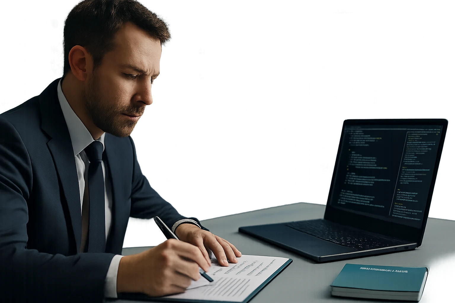 A man in a suit writing notes while focused on his laptop screen.