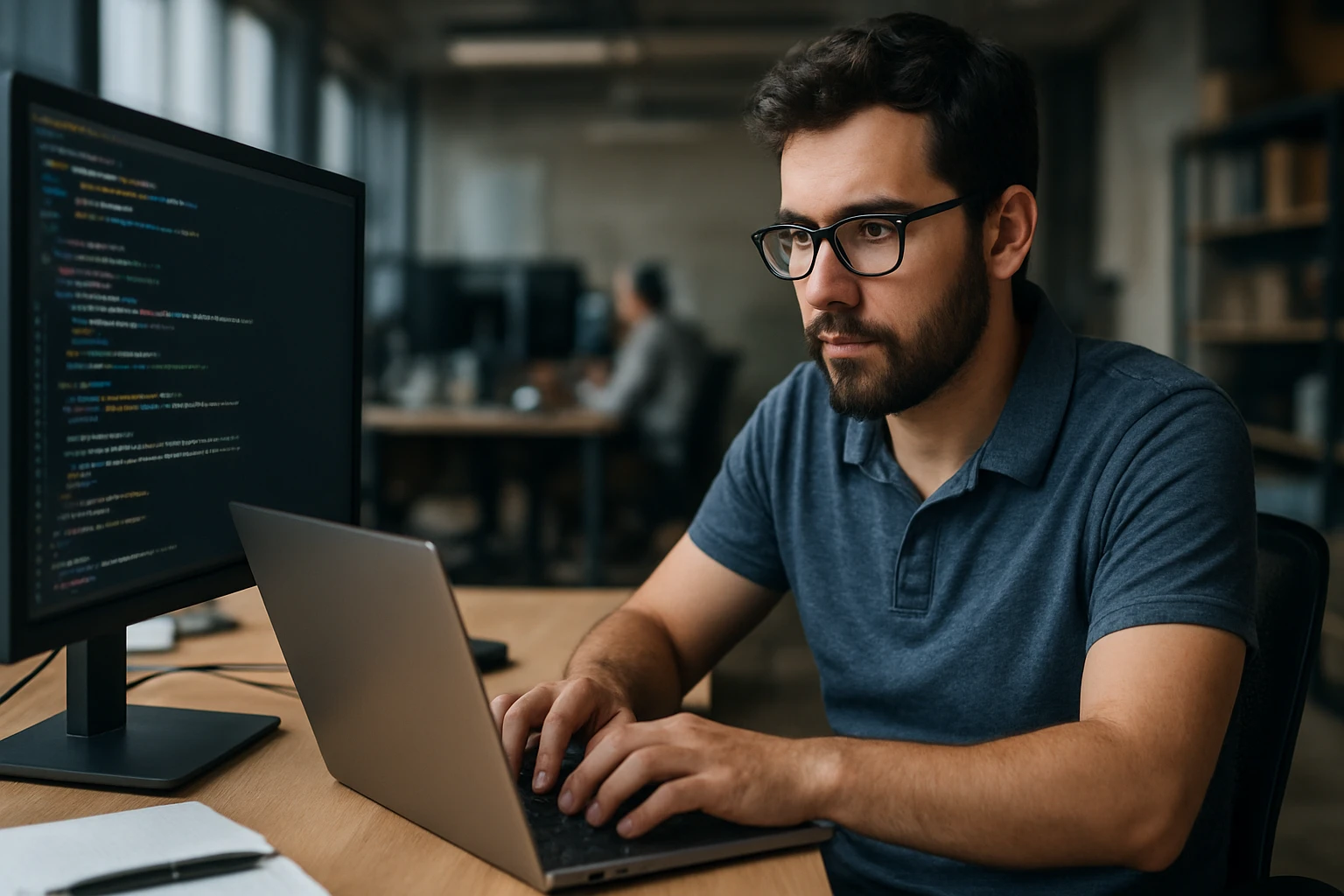A focused programmer typing on a laptop in a modern office environment.