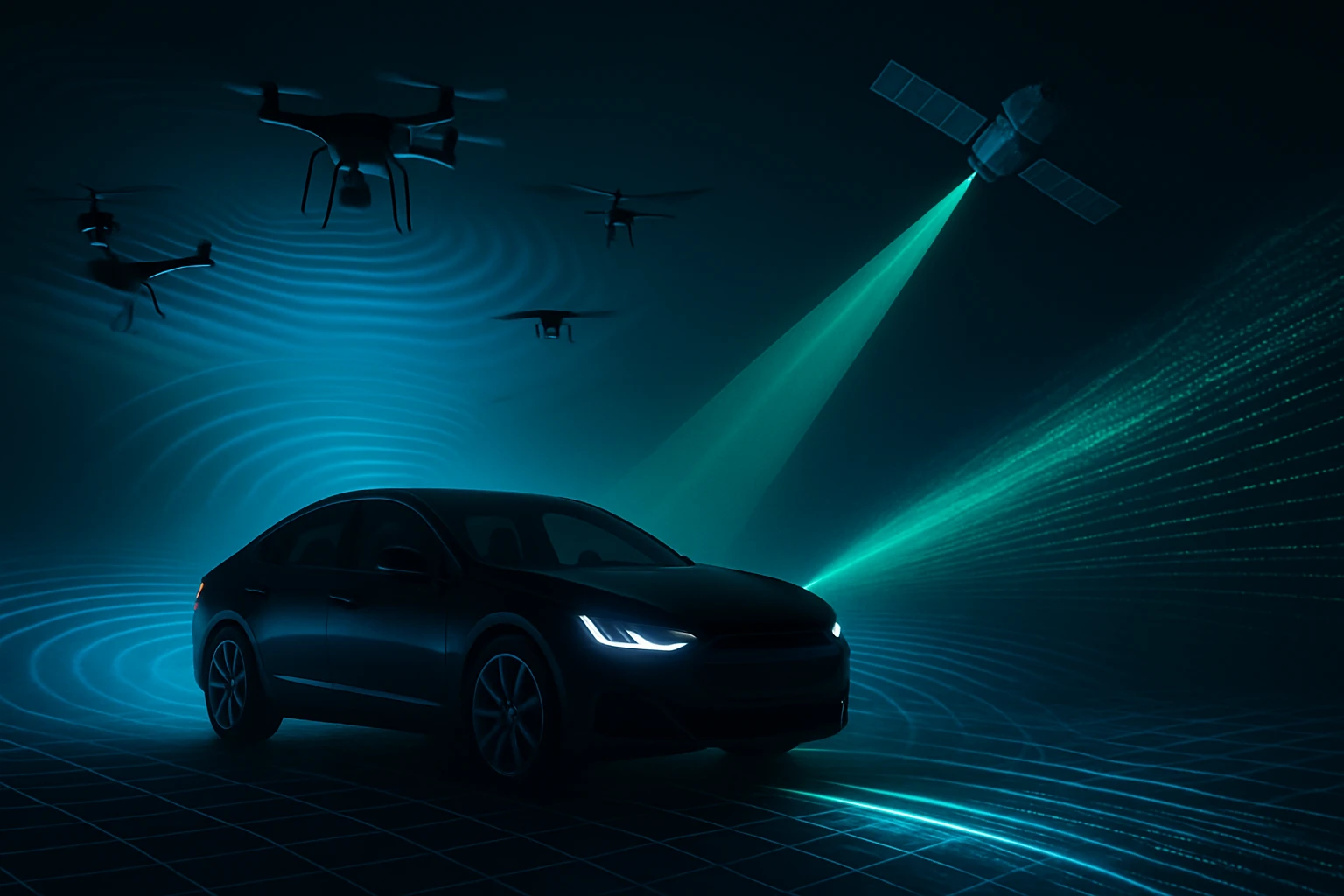 A sleek black car illuminated by futuristic lights, surrounded by drones and a satellite.