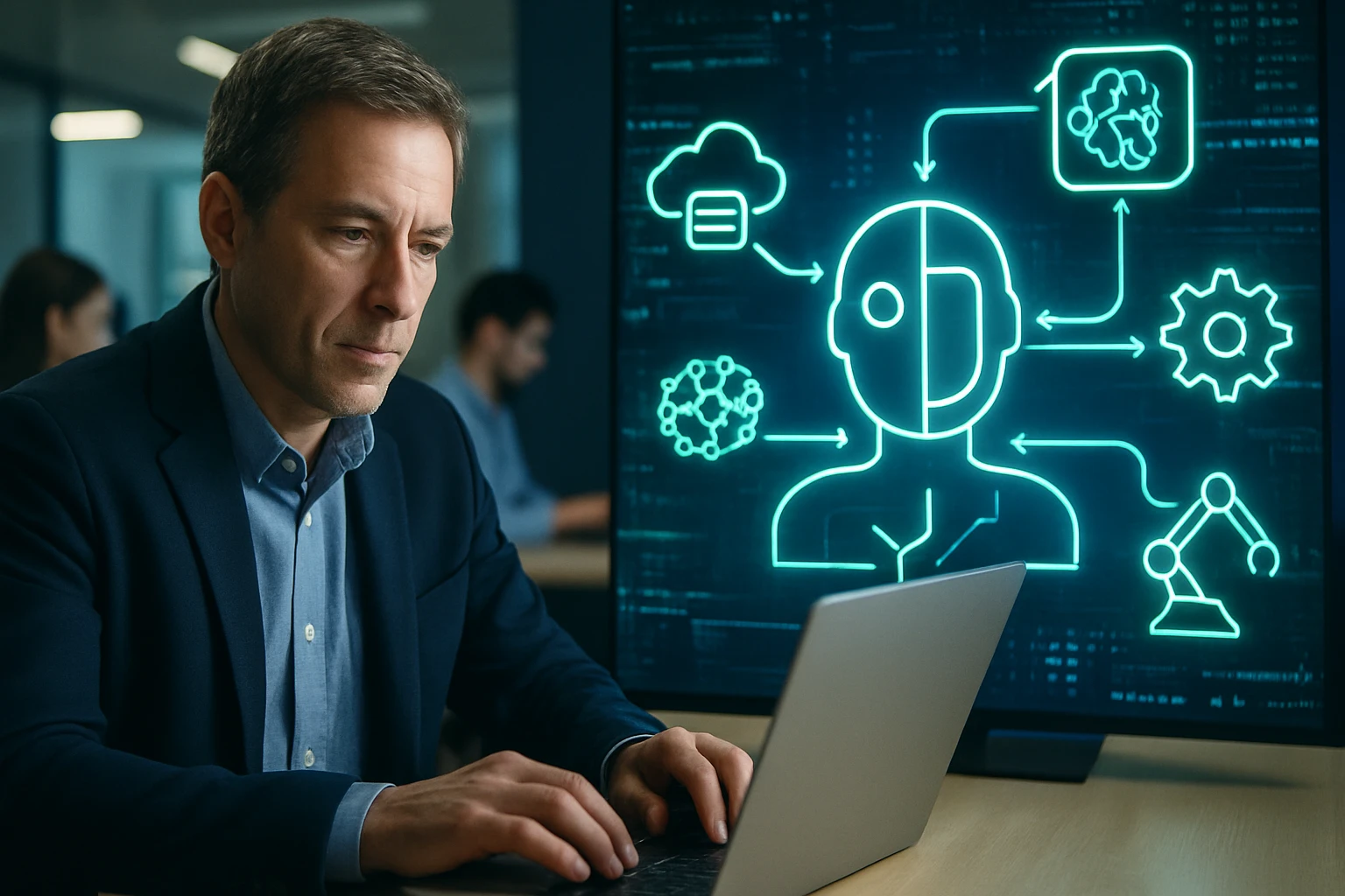 A focused professional working on a laptop with AI graphics displayed on a screen.