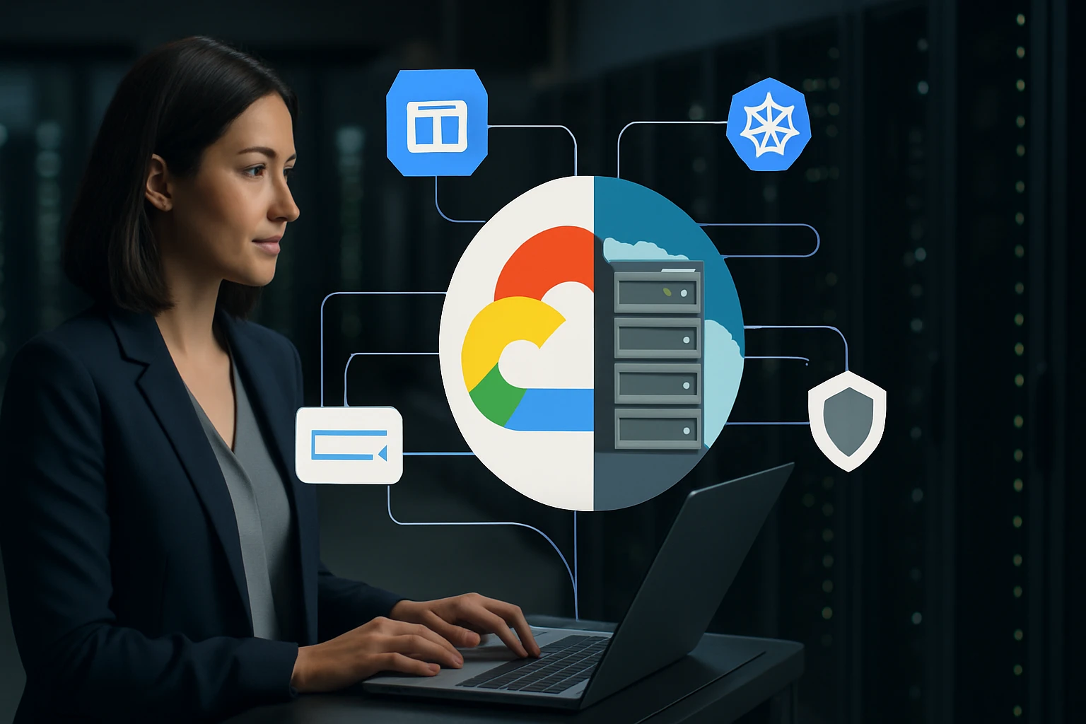 A woman working on a laptop with cloud computing icons in the background.