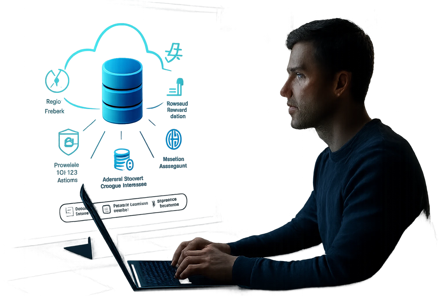 A man working on a laptop with a cloud database graphic in the background.