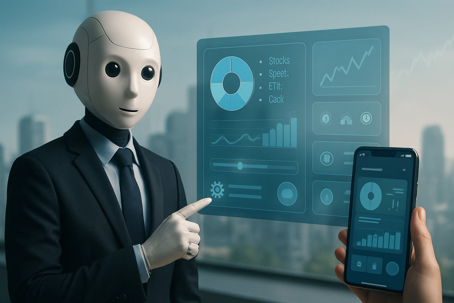 A humanoid robot in a suit interacts with a holographic display and smartphone, showcasing data analytics.