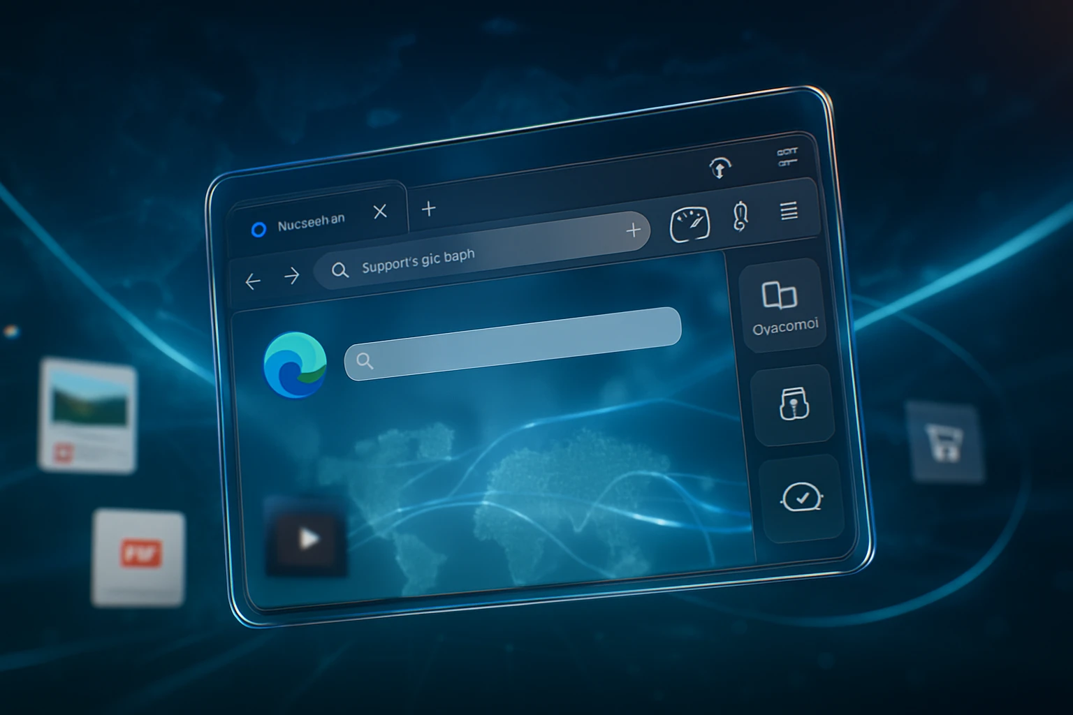 A modern böngészőfelület, keresősávval és ikonokkal, digitális háttérrel.