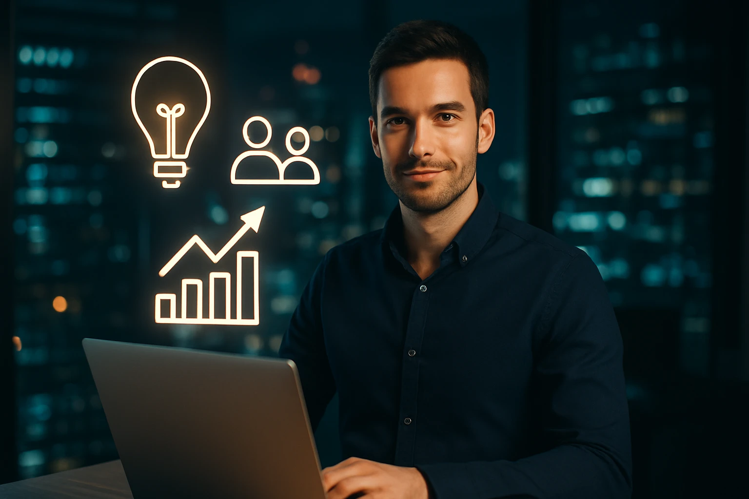 A young man working on a laptop with business icons in a modern office.