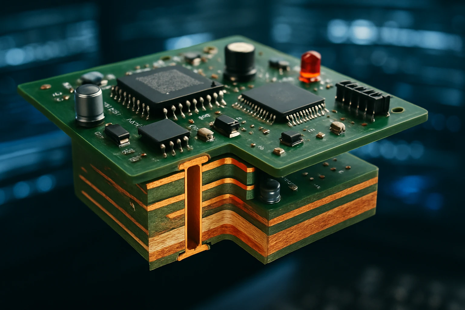 A detailed view of a green circuit board with various electronic components.