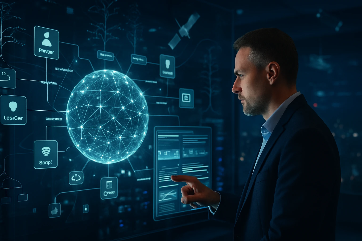 A man interacts with a digital globe and data interface in a tech environment.