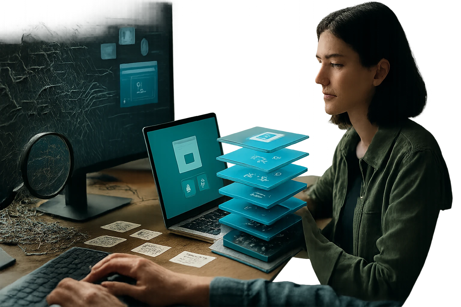 A woman working on a laptop with digital layers representing data management.